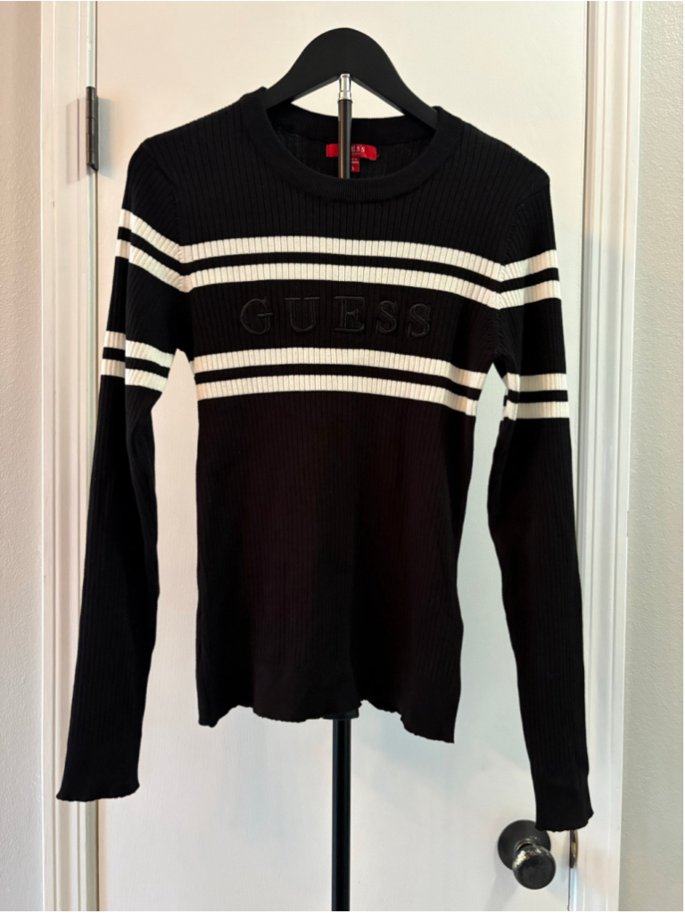 GUESS Black White Striped Logo Rib-Knit Sweater XL